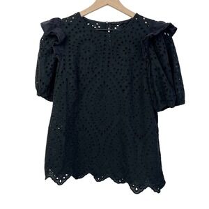 English Factory Romantic‎ Academia Black Eyelet Ruffle Sleeve Top Blouse XS